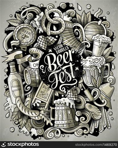 Cartoon vector doodles Beer fest illustration. Monochrome, detailed, with lots of objects background. All objects separate. Bright colors Oktoberfest funny picture. Cartoon vector doodles Beer fest illustration. Oktoberfest funny picture