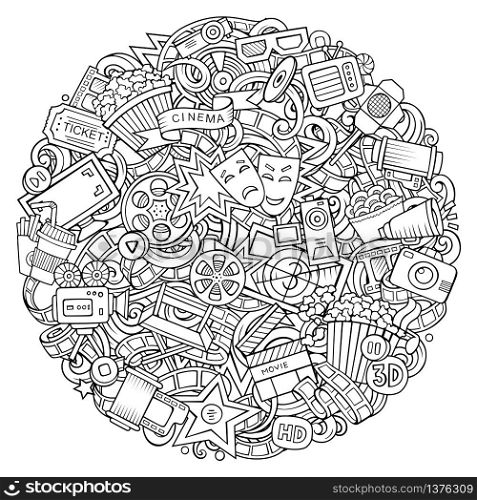Cartoon vector doodles Cinema illustration. Line art, detailed, with lots of objects background. All objects separate. Outline Movie funny round picture. Cartoon vector doodles Cinema illustration