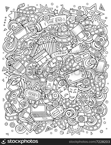Cartoon vector doodles Cinema illustration. Line art, detailed, with lots of objects background. All objects separate. Sketchy Movie funny round picture. Cartoon line art vector funny doodles Cinema illustration