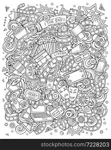 Cartoon vector doodles Cinema illustration. Line art, detailed, with lots of objects background. All objects separate. Sketchy Movie funny round picture. Cartoon line art vector funny doodles Cinema illustration