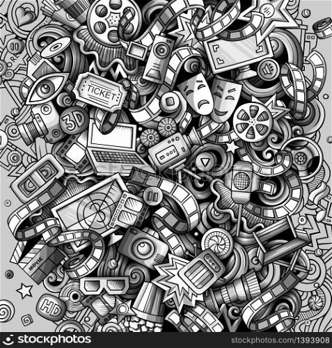 Cartoon vector doodles Cinema illustration. Toned, detailed, with lots of objects background. All objects separate. Monochrome Movie funny picture. Cartoon vector doodles Cinema illustration. Movie funny picture