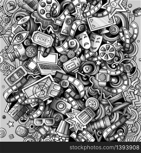 Cartoon vector doodles Cinema illustration. Toned, detailed, with lots of objects background. All objects separate. Monochrome Movie funny picture. Cartoon vector doodles Cinema illustration. Movie funny picture