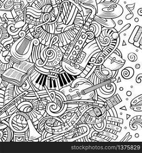 Cartoon vector doodles Classic music frame. Line art, detailed, with lots of objects background. All objects separate. Sketchy musical funny border. Cartoon vector doodles Classic music frame.Line art musical border