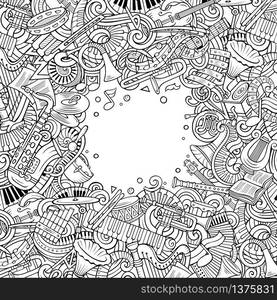 Cartoon vector doodles Classic music frame. Line art, detailed, with lots of objects background. All objects separate. Sketchy musical funny border. Cartoon vector doodles Classic music frame.Line art musical border