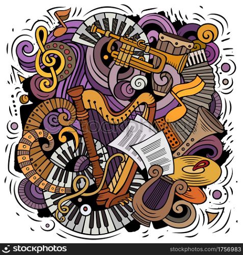 Cartoon vector doodles Classic music illustration. Colorful, detailed, with lots of objects background. All objects separate. Bright colors musical funny picture. Cartoon vector doodles Classic music illustration