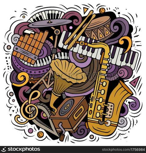 Cartoon vector doodles Classic music illustration. Colorful, detailed, with lots of objects background. All objects separate. Bright colors musical funny picture. Cartoon vector doodles Classic music illustration