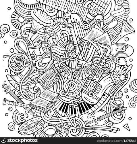 Cartoon vector doodles Classic music illustration. Line art, detailed, with lots of objects background. All objects separate. Sketchy musical funny picture. Cartoon vector doodles Classic music illustration