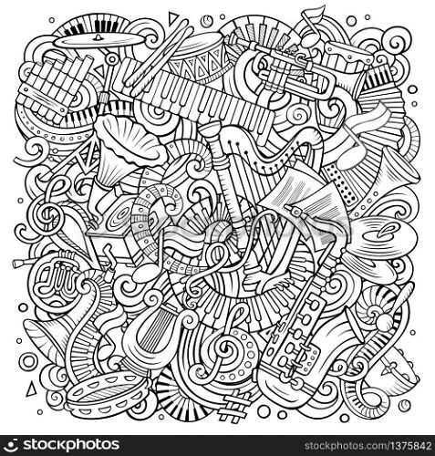 Cartoon vector doodles Classic music illustration. Line art, detailed, with lots of objects background. All objects separate. Sketchy musical funny picture. Cartoon vector doodles Classic music illustration