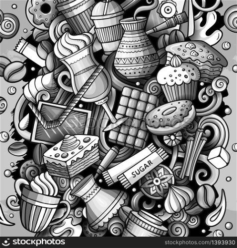Cartoon vector doodles Coffe shop illustration. Monochrome, detailed, with lots of objects background. All objects separate. Cafe funny picture. Cartoon vector doodles Coffe shop illustration. Cafe funny picture