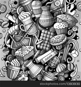 Cartoon vector doodles Coffe shop illustration. Monochrome, detailed, with lots of objects background. All objects separate. Cafe funny picture. Cartoon vector doodles Coffe shop illustration. Cafe funny picture