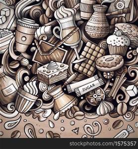 Cartoon vector doodles Coffee frame. Graphic, detailed, with lots of objects background. All objects separate. Cafe funny border. Cartoon vector doodles Coffee frame
