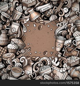 Cartoon vector doodles Coffee frame. Graphic, detailed, with lots of objects background. All objects separate. Cafe funny border. Cartoon vector doodles Coffee frame