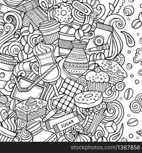 Cartoon vector doodles Coffee frame. Sketchy, detailed, with lots of objects background. All objects separate. Line art Cafe funny border. Cartoon vector doodles Coffee frame. Sketchy Cafe funny border