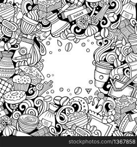 Cartoon vector doodles Coffee frame. Sketchy, detailed, with lots of objects background. All objects separate. Line art Cafe funny border. Cartoon vector doodles Coffee frame. Sketchy Cafe funny border