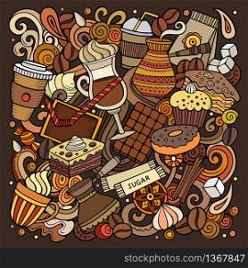 Cartoon vector doodles Coffee House illustration. Colorful, detailed, with lots of objects background. All objects separate. Bright colors Cafe funny picture. Cartoon vector doodles Coffee House illustration. Bright colors Cafe funny picture