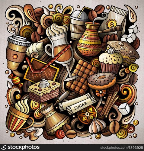 Cartoon vector doodles Coffee House illustration. Colorful, detailed, with lots of objects background. All objects separate. Bright colors Cafe funny picture. Cartoon vector doodles Coffee House illustration