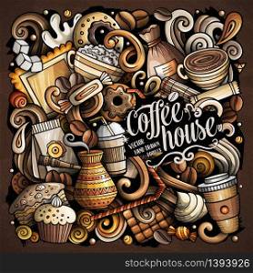 Cartoon vector doodles Coffee House illustration. Colorful, detailed, with lots of objects background. All objects separate. Bright colors Cafe funny picture. Cartoon vector doodles Coffee House illustration
