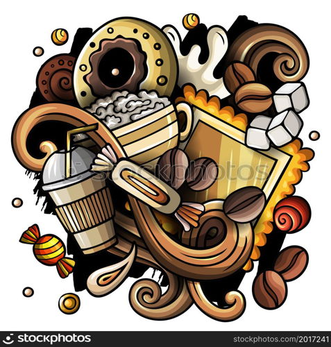 Cartoon vector doodles Coffee House illustration. Colorful, detailed, with lots of objects background. All objects separate. Bright colors Cafe funny picture. Cartoon vector doodles Coffee House illustration