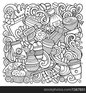 Cartoon vector doodles Coffee House illustration. Line art detailed, with lots of objects background. All objects separate. Sketchy Cafe funny picture. Cartoon vector doodles Coffee House illustration