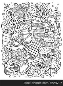 Cartoon vector doodles Coffee House illustration. Line art detailed, with lots of objects background. All objects separate. Sketchy Cafe funny picture. Cartoon vector doodles Coffee House funny illustration