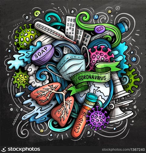 Cartoon vector doodles Coronavirus illustration. Colorful, detailed, with lots of objects background. All objects separate. Bright colors epidemic picture. Cartoon vector doodles Coronavirus illustration. Bright colors epidemic picture