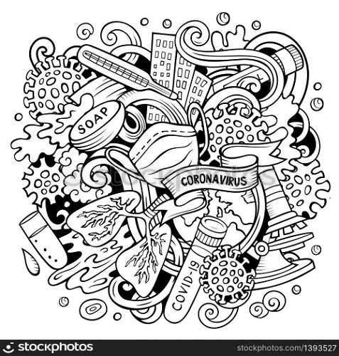 Cartoon vector doodles Coronavirus illustration. Sketchy, detailed, with lots of objects background. All objects separate. Line art epidemic picture. Cartoon vector doodles Coronavirus illustration. Line art epidemic picture