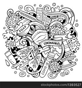 Cartoon vector doodles Coronavirus illustration. Sketchy, detailed, with lots of objects background. All objects separate. Line art epidemic picture. Cartoon vector doodles Coronavirus illustration. Line art epidemic picture