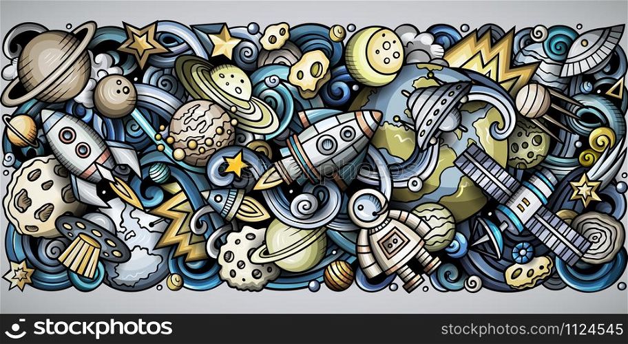 Cartoon vector doodles Cosmic horizontal stripe illustration. Colorful detailed, with lots of objects illustration. All items are separate. Cartoon vector doodles Cosmic horizontal stripe illustration
