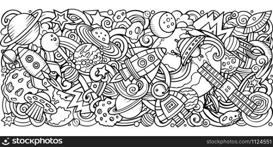 Cartoon vector doodles Cosmic horizontal stripe illustration. Line art detailed, with lots of objects illustration. All items are separate. Cartoon vector doodles Cosmic horizontal stripe illustration