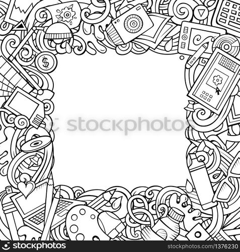 Cartoon vector doodles Designer frame design. Line art detailed, with lots of objects illustration. All items are separate. Outline artistic funny border. Cartoon vector doodles Designer frame