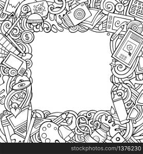 Cartoon vector doodles Designer frame design. Line art detailed, with lots of objects illustration. All items are separate. Outline artistic funny border. Cartoon vector doodles Designer frame
