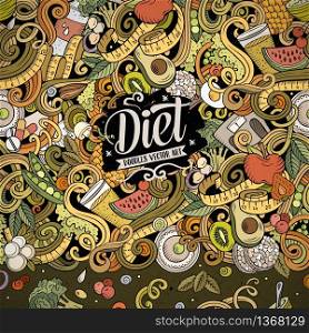 Cartoon vector doodles diet food frame. Colorful, detailed, with lots of objects background. All objects separate. Bright colors dietary funny border. Cartoon vector doodles diet food frame. Bright colors dietary funny border
