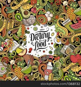 Cartoon vector doodles diet food frame. Colorful, detailed, with lots of objects background. All objects separate. Bright colors dietary funny border. Cartoon vector doodles diet food frame. Bright colors dietary funny border