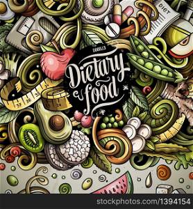 Cartoon vector doodles diet food frame. Colorful, detailed, with lots of objects background. All objects separate. Bright colors dietary funny border. Cartoon vector doodles diet food frame
