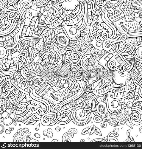 Cartoon vector doodles diet food frame. Line art, detailed, with lots of objects background. All objects separate. Sketchy dietary funny border. Cartoon vector doodles diet food frame. Line art dietary funny border