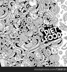 Cartoon vector doodles diet food frame. Line art, detailed, with lots of objects background. All objects separate. Sketchy dietary funny border. Cartoon vector doodles diet food frame. Line art dietary funny border
