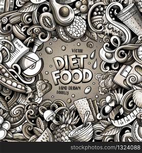 Cartoon vector doodles diet food frame. Monochrome, detailed, with lots of objects background. All objects separate. Graphics dietary funny border. Cartoon vector doodles diet food frame. Graphics dietary funny border