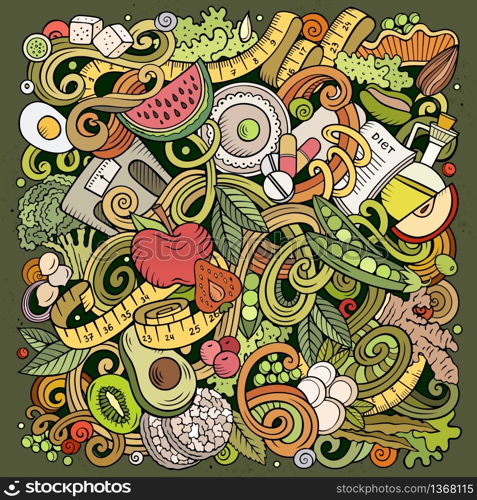 Cartoon vector doodles Diet food illustration. Colorful, detailed, with lots of objects background. All objects separate. Bright colors dietary funny picture. Cartoon vector doodles Diet food illustration. Bright colors dietary funny picture