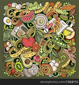 Cartoon vector doodles Diet food illustration. Colorful, detailed, with lots of objects background. All objects separate. Bright colors dietary funny picture. Cartoon vector doodles Diet food illustration. Bright colors dietary funny picture