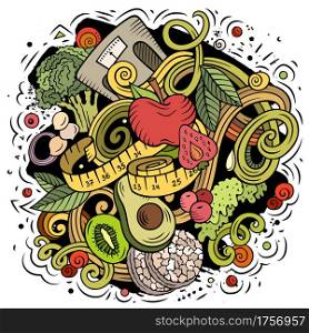 Cartoon vector doodles Diet food illustration. Colorful, detailed, with lots of objects background. All objects separate. Bright colors dietary funny picture. Cartoon vector doodles Diet food illustration