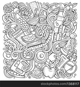 Cartoon vector doodles Diet food illustration. Line art, detailed, with lots of objects background. All objects separate. Sketchy dietary funny picture. Cartoon vector doodles Diet food illustration
