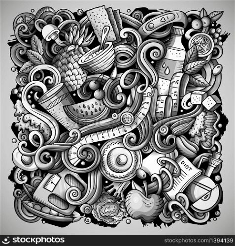 Cartoon vector doodles Diet food illustration. Monochrome, detailed, with lots of objects background. All objects separate. Toned dietary funny picture. Cartoon vector doodles Diet food illustration