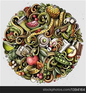 Cartoon vector doodles Diet food round illustration. Colorful, detailed, with lots of objects background. All objects separate. Bright colors dietary funny picture. Cartoon vector doodles Diet food illustration