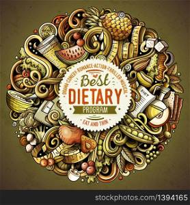Cartoon vector doodles Diet food round illustration. Colorful, detailed, with lots of objects background. All objects separate. Bright colors dietary funny picture. Cartoon vector doodles Diet food illustration