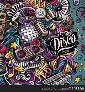 Cartoon vector doodles Disco music frame. Colorful, detailed, with lots of objects background. All objects separate. Bright colors musical funny border. Cartoon vector doodles Disco music frame. Colorful, detailed, with lots of objects background. All objects separate