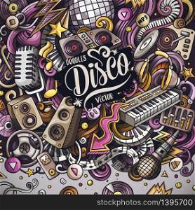Cartoon vector doodles Disco music frame. Colorful, detailed, with lots of objects background. All objects separate. Bright colors musical funny border. Cartoon vector doodles Disco music frame