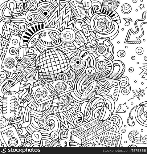 Cartoon vector doodles Disco music frame. Line art, detailed, with lots of objects background. All objects separate. Sketchy musical funny border. Cartoon vector doodles Disco music frame