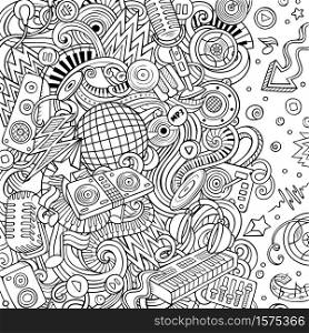 Cartoon vector doodles Disco music frame. Line art, detailed, with lots of objects background. All objects separate. Sketchy musical funny border. Cartoon vector doodles Disco music frame
