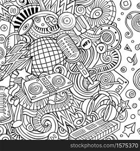 Cartoon vector doodles Disco music frame. Line art, detailed, with lots of objects background. All objects separate. Sketchy musical funny border. Cartoon vector doodles Disco music frame