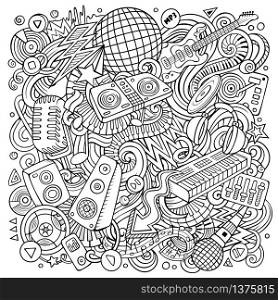 Cartoon vector doodles Disco music illustration. Line art, detailed, with lots of objects background. All objects separate. Sketchy musical funny picture. Cartoon vector doodles Disco music illustration